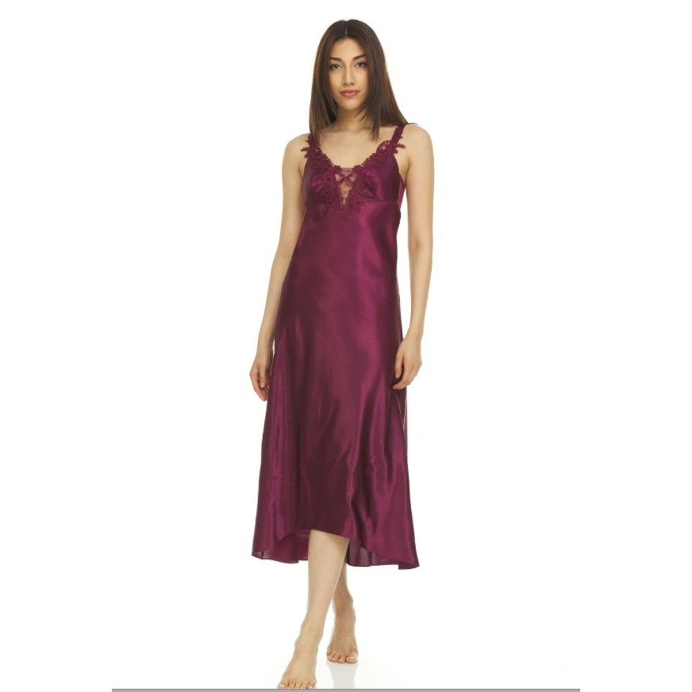 Flora by Flora Nikrooz Stella Charmeuse Venise Trim Gown Bordeaux Size Large